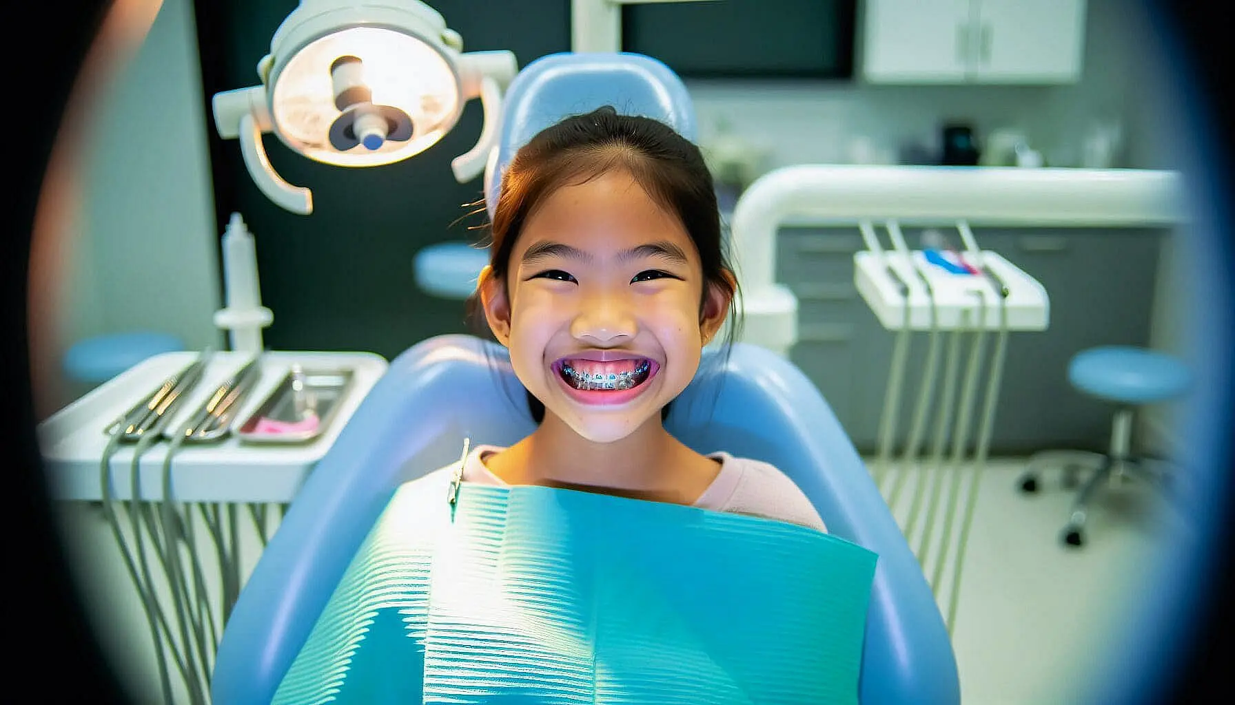 At Holt Orthodontics in Twinsburg, OH, a young girl with braces smiles confidently in the dentist's chair, highlighting her affordable braces with dental equipment in the background.