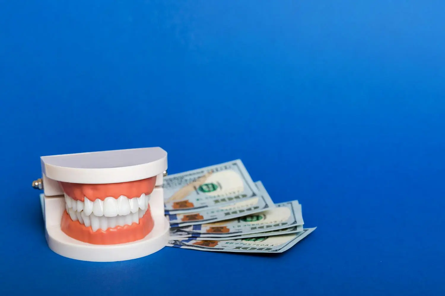 A model of human teeth with clear braces is displayed next to hundred-dollar bills on a blue background, representing the value of orthodontic care at Holt Orthodontics in Twinsburg, OH.
