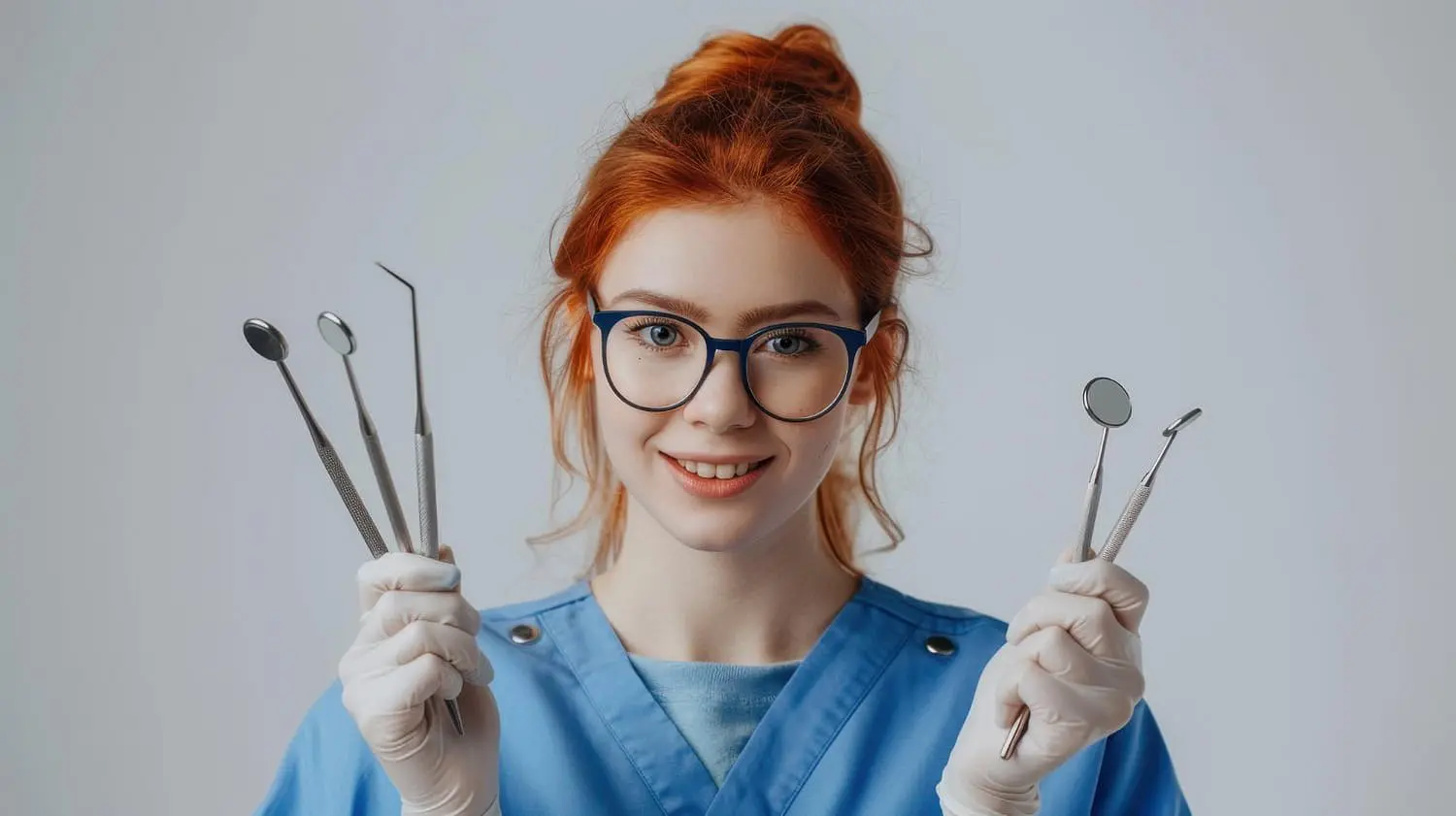 At Holt Orthodontics in Twinsburg, OH, a woman in blue scrubs and gloves stands ready with dental tools to assist patients considering orthodontic insurance plans.