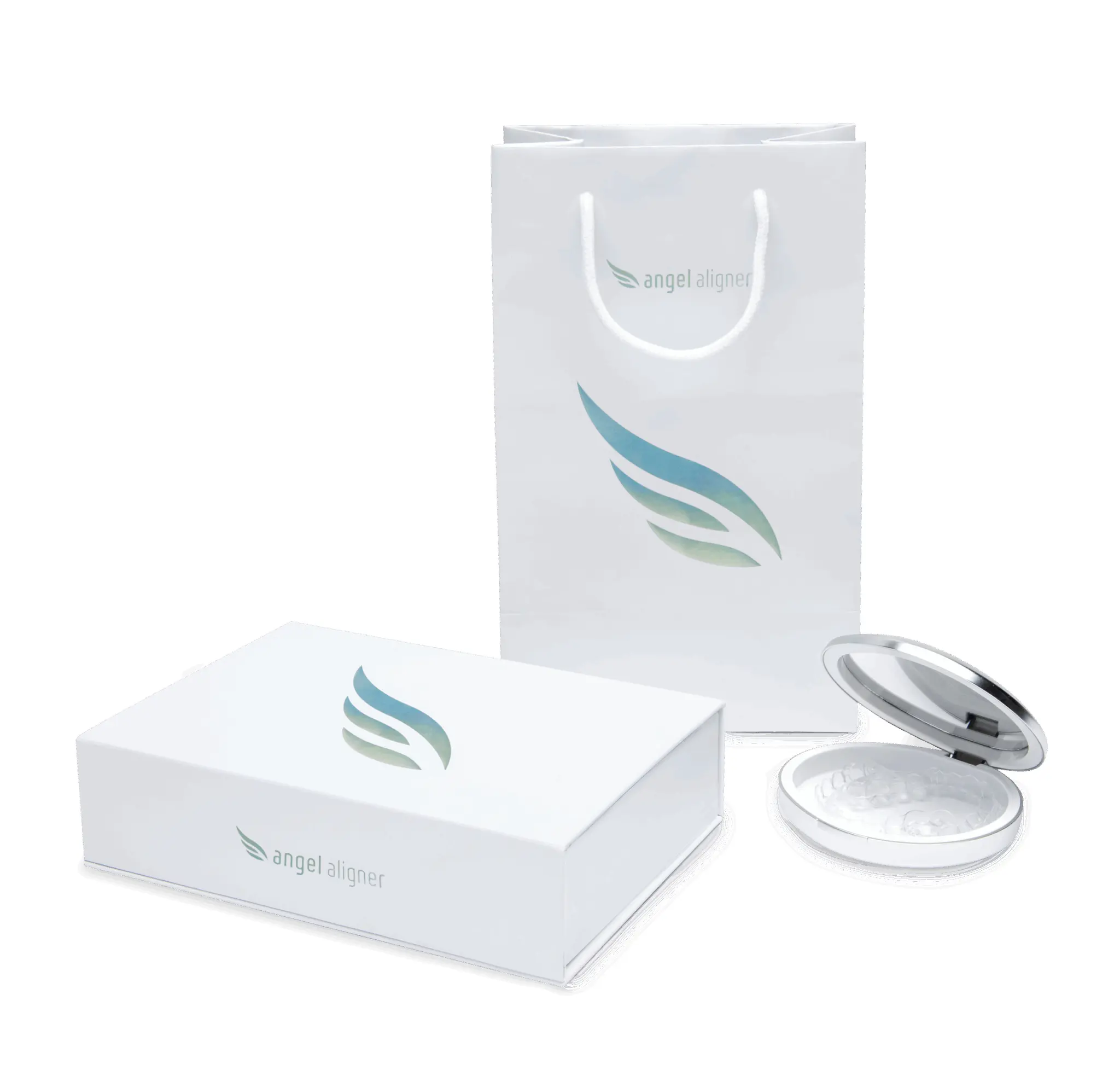 Angel Aligner products, including a bag, box, and aligner case, shown for Holt Orthodontics in Twinsburg, OH on white background.