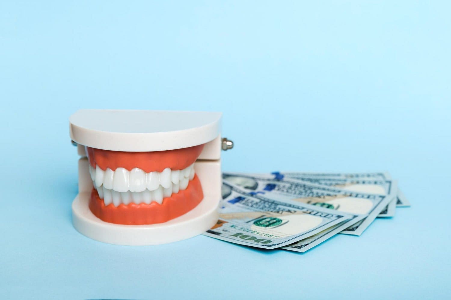 Displayed on a light blue background, an artificial teeth model with metal braces is shown beside several spread-out US hundred dollar bills, representing services offered by Holt Orthodontics in Twinsburg, OH.