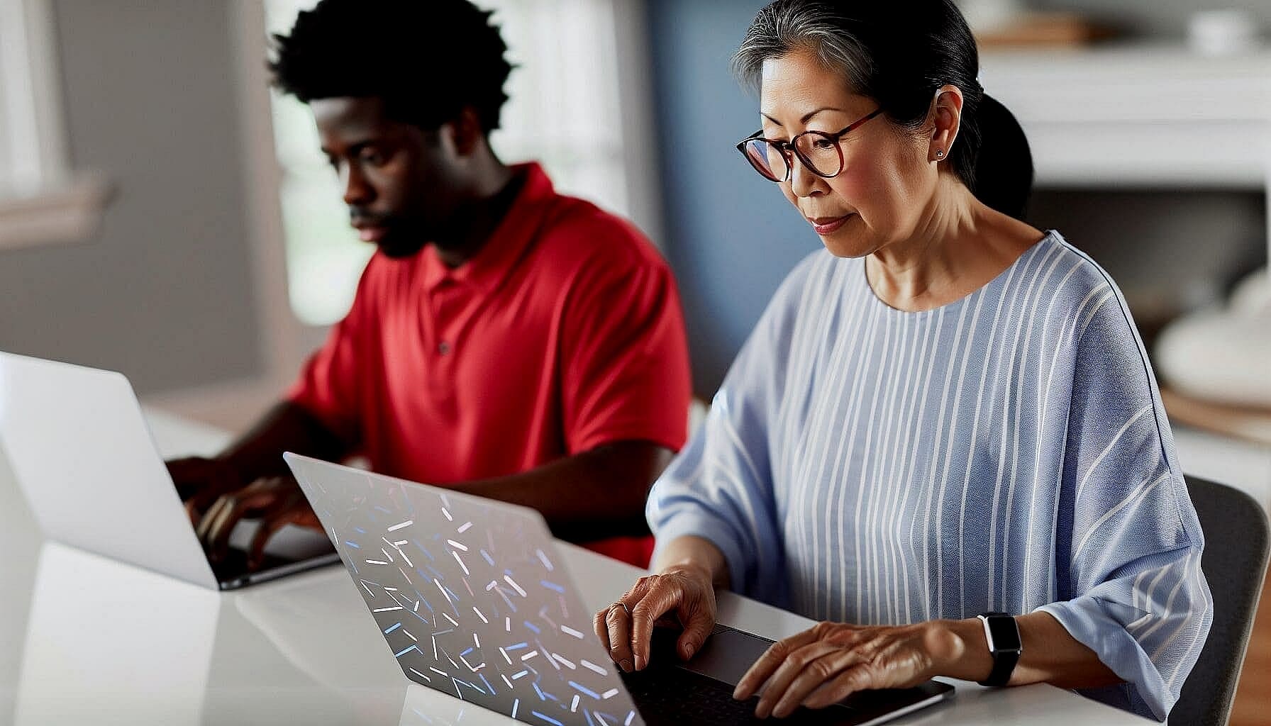 At a bright indoor table in Twinsburg, OH, two people work side by side on laptops, possibly researching affordable braces or exploring Holt Orthodontics for their dental needs.